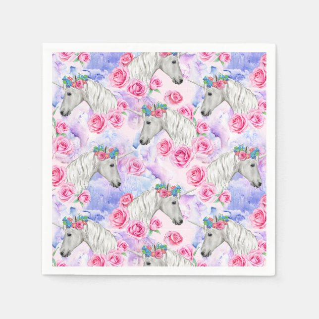Serviette En Papier Unicornes et Motif Rose (Devant)