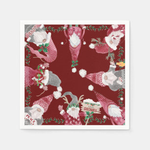 Serviette En Papier Vacances Burgundy Gnomes Noël Fête Aquarelle