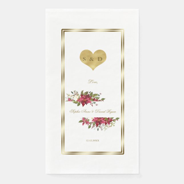 Serviette En Papier Vacances d'hiver Rouge Poinsettia Mariage d'or (Devant)