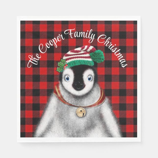 Serviette En Papier Vacances festives mignonnes Pingouin rouge noir pl (Devant)