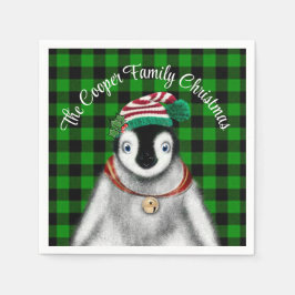 Serviette En Papier Vacances festives mignonnes Pingouin vert noir pla