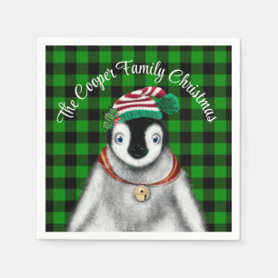 Serviette En Papier Vacances festives mignonnes Pingouin vert noir pla