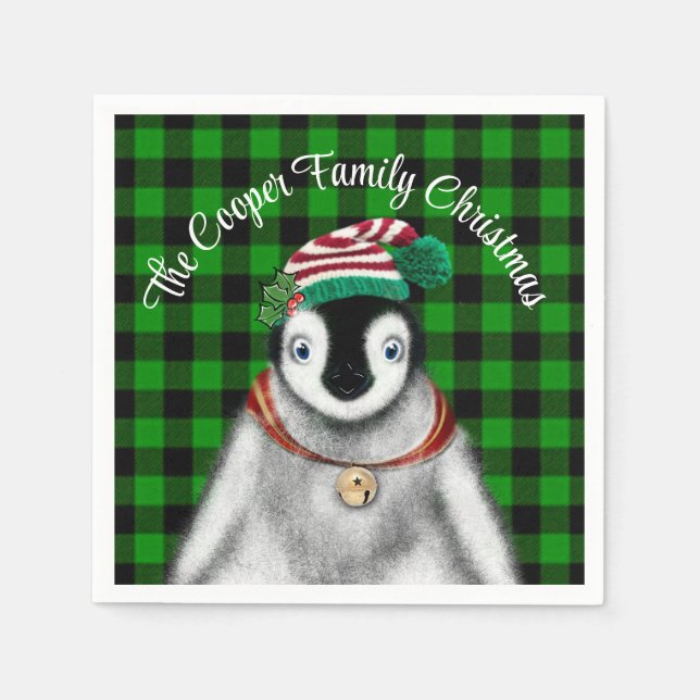 Serviette En Papier Vacances festives mignonnes Pingouin vert noir pla (Devant)