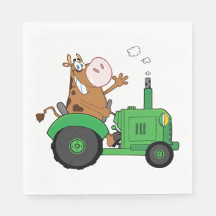 Serviette En Papier Vache Conduisant Un Tracteur