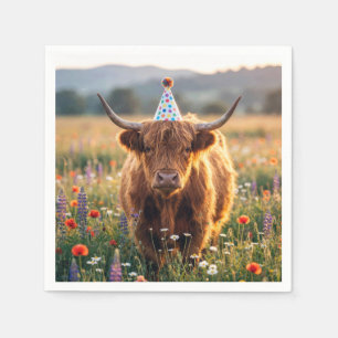 Serviette En Papier Vache des Highlands avec chapeau de fête d'anniver
