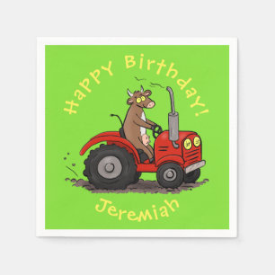 Serviette En Papier Vache heureuse mignonne conduisant un tracteur rou