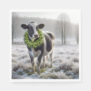 Serviette En Papier Vache Holstein de Noël portant une couronne