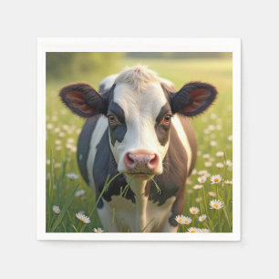 Serviette En Papier Vache Holstein En Pâturage Vert Avec Marguerites
