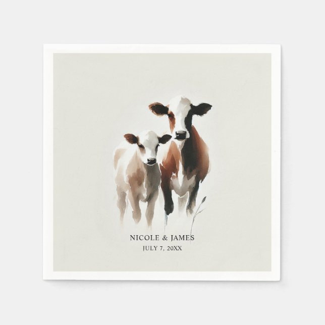 Serviette En Papier Vaches aquarelle Mariage rustique minimal (Devant)