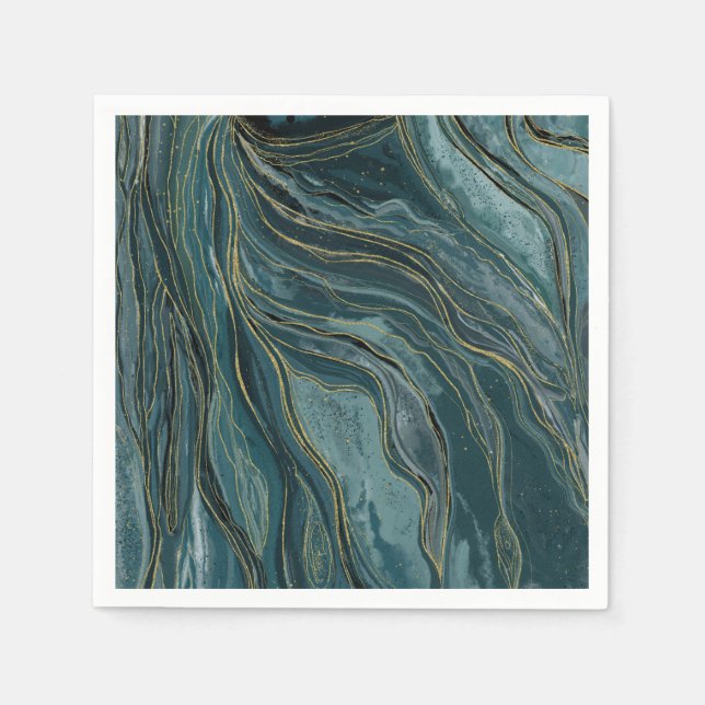 Serviette En Papier Vagues d'aquarelle Abstraite turquoise Blue Gold (Devant)