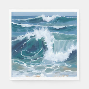 Serviette En Papier Vagues de l'océan déferlantes Aquarelle Bleue Cô