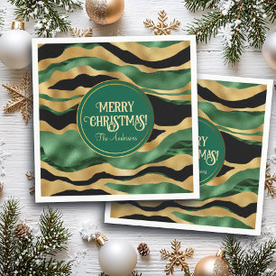 Serviette En Papier Vagues de Parties scintillant noire en or vert