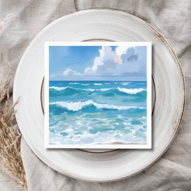 Serviette En Papier Vagues océaniques aquarelle mariage plage côtière (Créateur téléchargé)