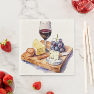 Serviette En Papier Vaisseau Raisins Fromage Vin Verre Aquarelle