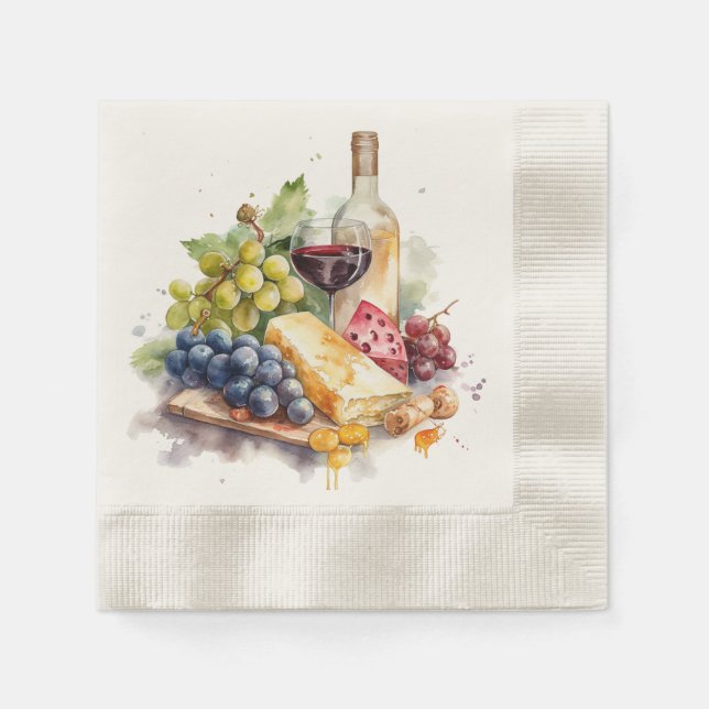 Serviette En Papier Vaisseau Raisins Fromage Vin Verre Aquarelle (Devant)