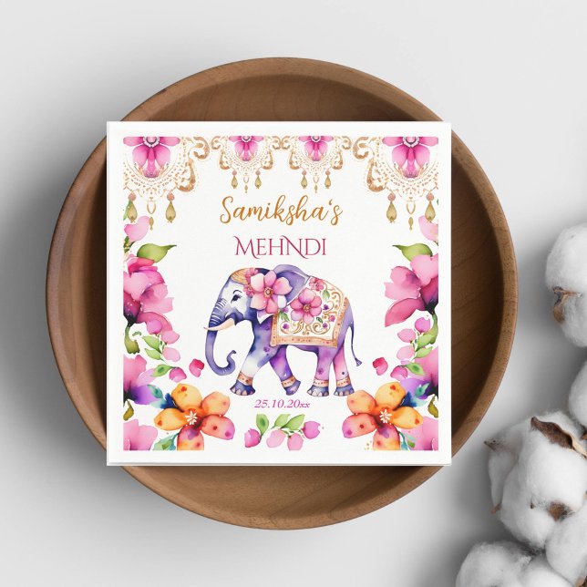 Serviette En Papier Vaisselle éléphant ornée mariage indien Mehndi (Mehndi tableware Indian wedding decorated elephant personalized plates pink flowers mehndi plates)