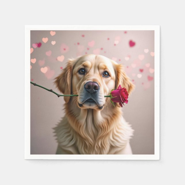 Serviette En Papier Valentine Golden Retriers Avec Rose Rouge (Devant)