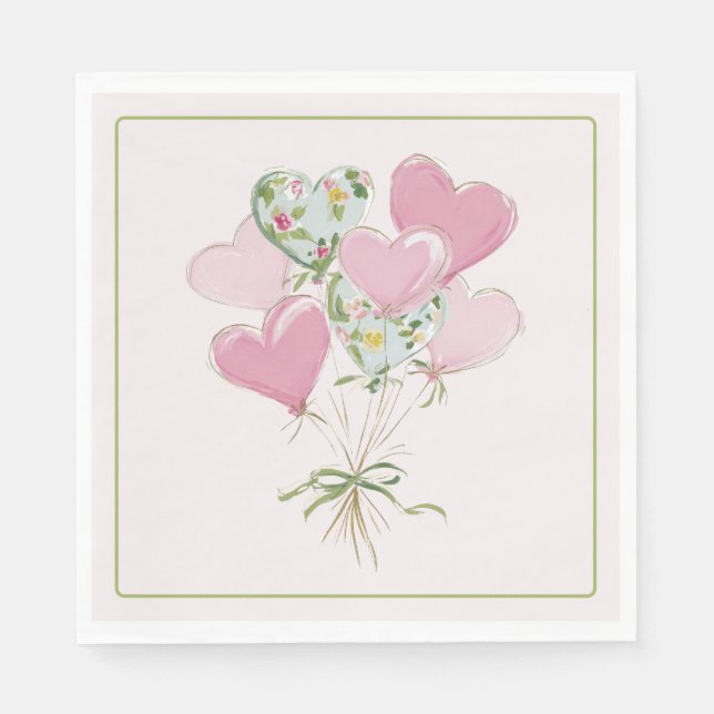 Serviette En Papier Valentine's Heart Pink and Green Heart Balloons (Devant)