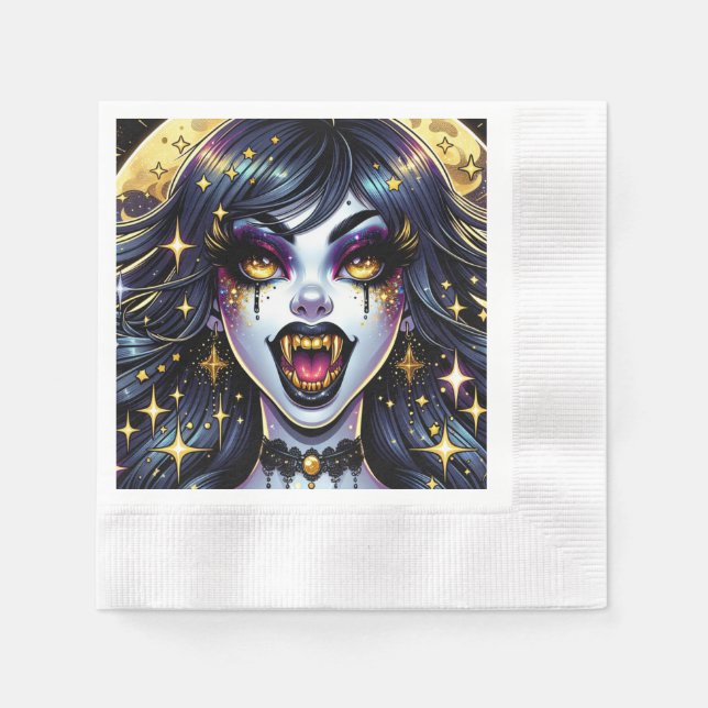 Serviette En Papier Vampire avec Gold Fangs Pleine lune Halloween Part (Devant)