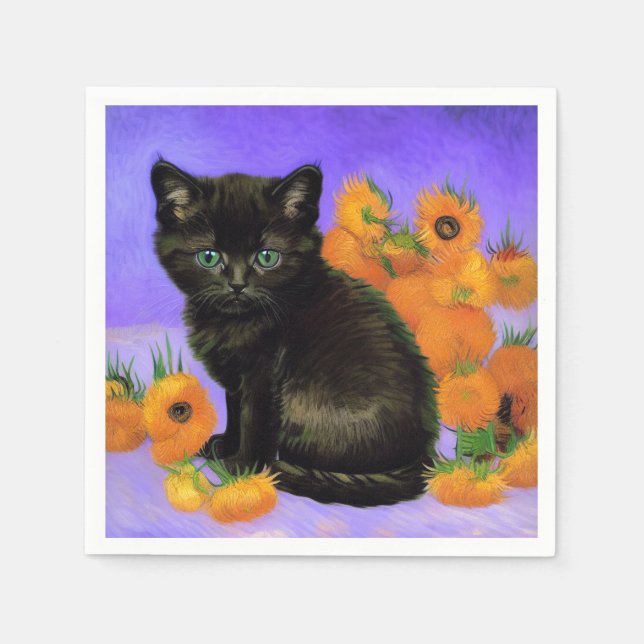 Serviette En Papier Van Gogh Kitten noir avec des tournesols (Devant)