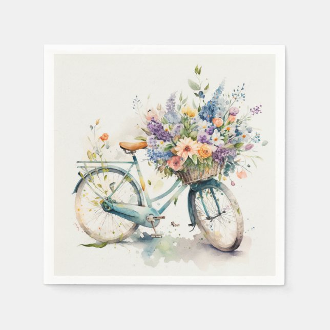 Serviette En Papier Vélo Aquarelle Avec Panier À Fleurs (Devant)