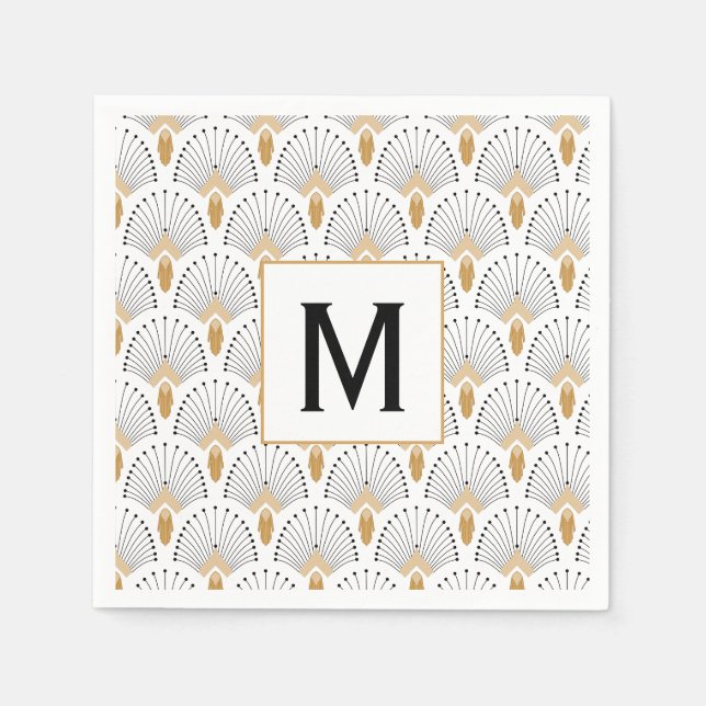 Serviette En Papier Ventilateur blanc, or et noir Art déco Motif (Devant)