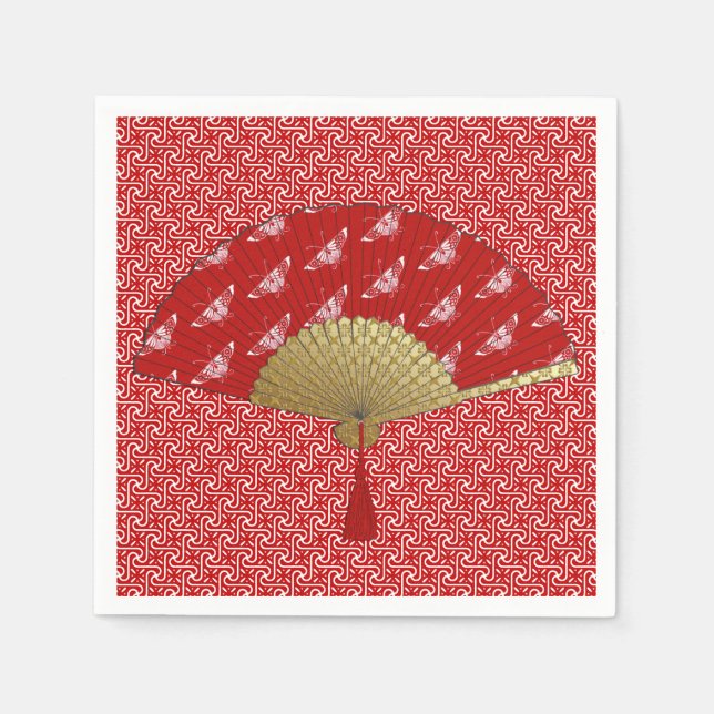 Serviette En Papier Ventilateur déco - Papillons, rouge foncé et blanc (Devant)