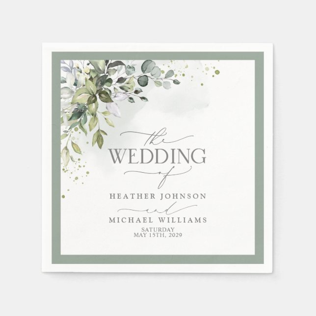 Serviette En Papier Verdure botanique Mariage d'aquarelle fleurie (Devant)