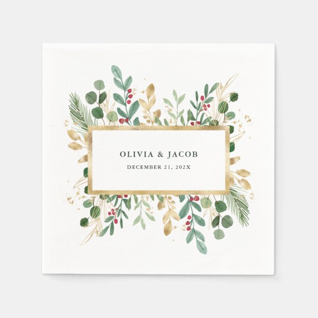 Serviette En Papier Verdure dorée | Mariage de Noël (Devant)