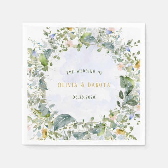 Serviette En Papier Verdure Dusty Blue Aquarelle Fleur sauvage Mariage (Devant)