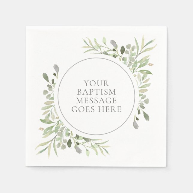 Serviette En Papier Verdure Eucalyptus Aquarelle Baptême Christening (Devant)