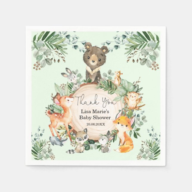 Serviette En Papier Verdure rustique Forêt de bois Bébé Animaux (Devant)