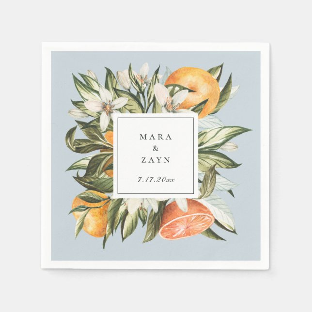Serviette En Papier Verger de citrus botanique cadre bleu pâle (Devant)