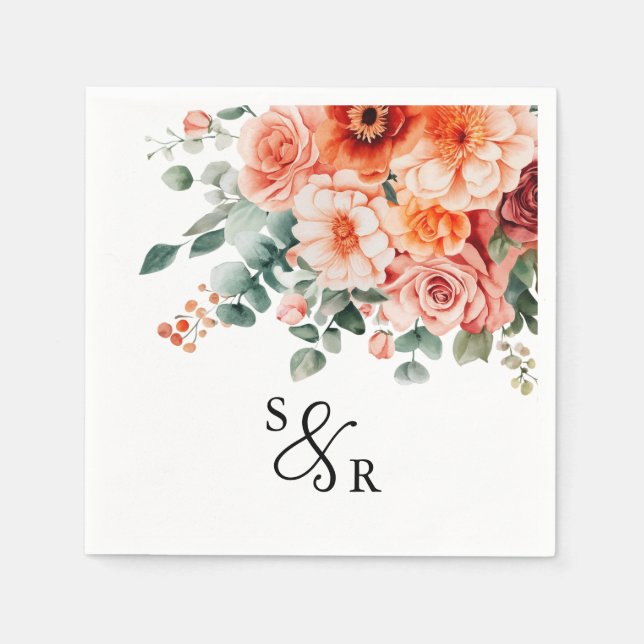 Serviette En Papier Verona Sunset Bright Orange Moderne Mariage Floral (Devant)