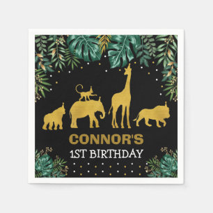 Serviette En Papier Vert Black Gold Jungle Animaux Tropical Anniversai
