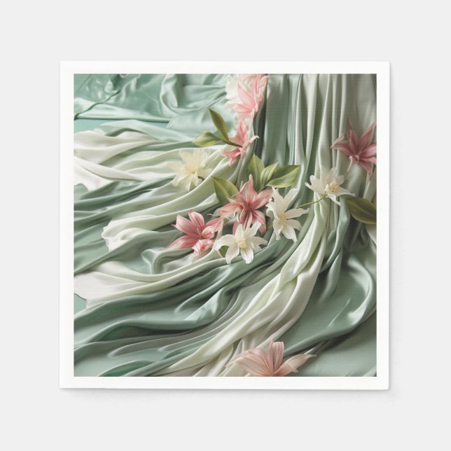Serviette En Papier Vert, Crème, Draps De Soie Et Fleurs De Pinkish (Devant)