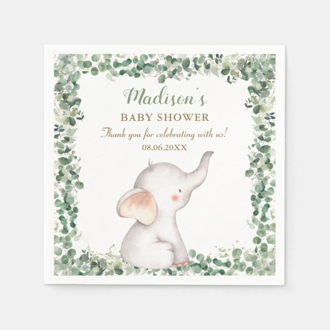 Serviette En Papier Vert Eléphant mignon Baby shower neutre genre (Devant)