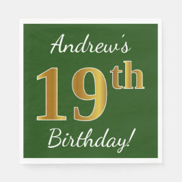 Serviette En Papier Vert, Faux Gold 19e anniversaire + Nom personnalis