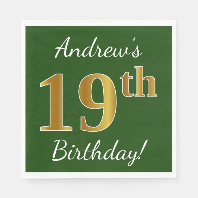 Serviette En Papier Vert, Faux Gold 19e anniversaire + Nom personnalis (Devant)