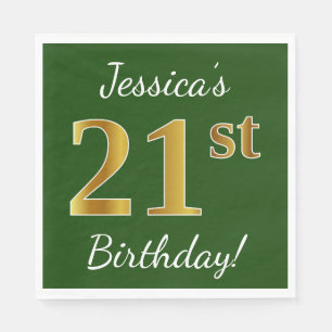 Serviette En Papier Vert, Faux Gold 21e anniversaire + Nom personnalis
