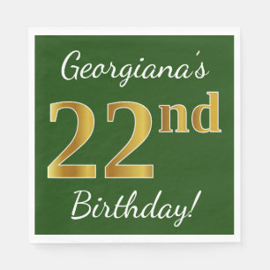 Serviette En Papier Vert, Faux Gold 22e anniversaire + Nom personnalis