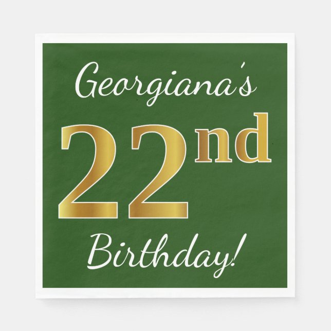 Serviette En Papier Vert, Faux Gold 22e anniversaire + Nom personnalis (Devant)