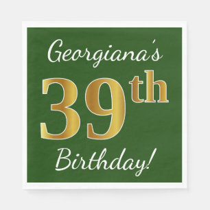 Serviette En Papier Vert, Faux Gold 39e anniversaire + Nom personnalis