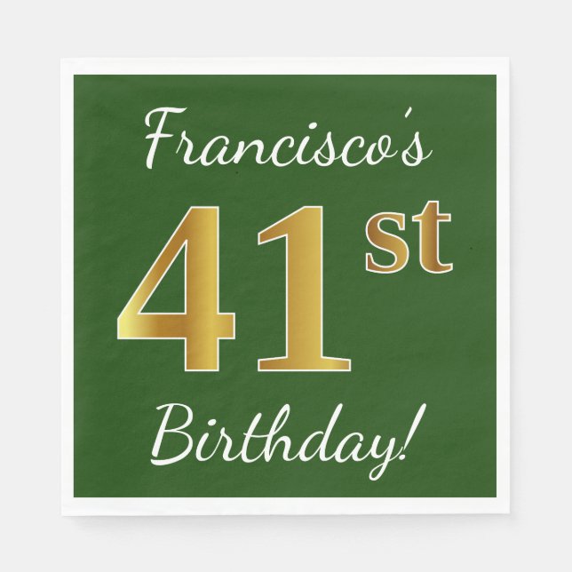 Serviette En Papier Vert, Faux Gold 41e anniversaire + Nom personnalis (Devant)