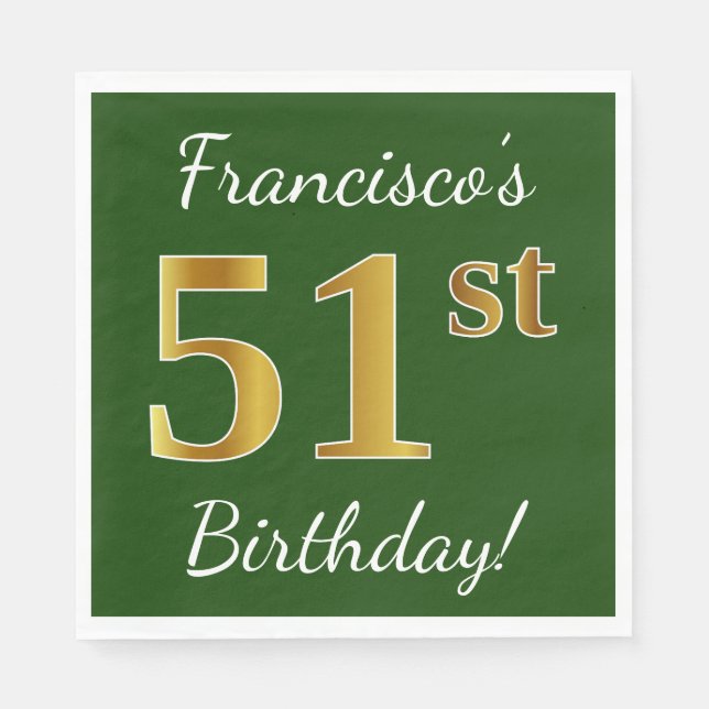 Serviette En Papier Vert, Faux Gold 51e anniversaire + Nom personnalis (Devant)