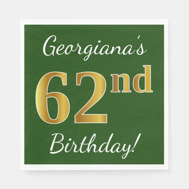 Serviette En Papier Vert, Faux Gold 62e anniversaire + Nom personnalis (Devant)