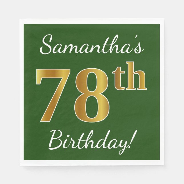 Serviette En Papier Vert, Faux Gold 78e anniversaire + Nom personnalis (Devant)