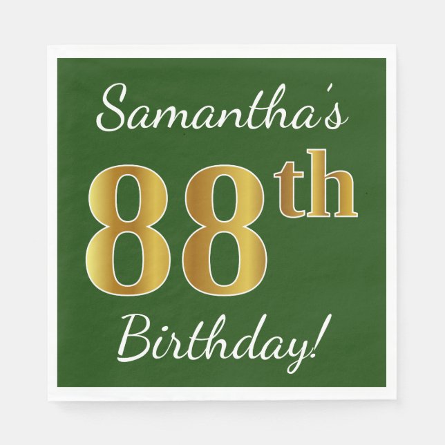Serviette En Papier Vert, Faux Gold 88e anniversaire + Nom personnalis (Devant)