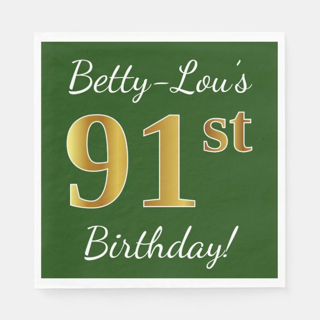 Serviette En Papier Vert, Faux Gold 91ème anniversaire + Nom personnal (Devant)