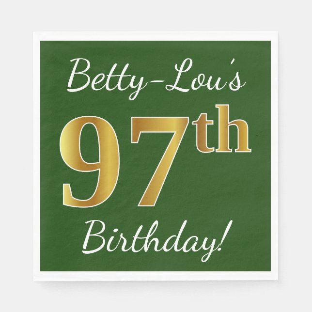 Serviette En Papier Vert, Faux Gold 97e anniversaire + Nom personnalis (Devant)